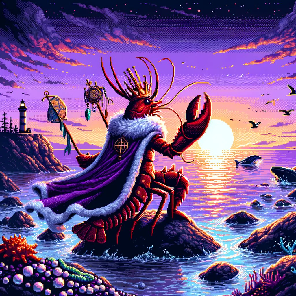As twilight drapes over his realm, the Lobster King gazes into the horizon, pondering the vast mysteries of his #Cardano sea kingdom. Majesty amidst tranquility!