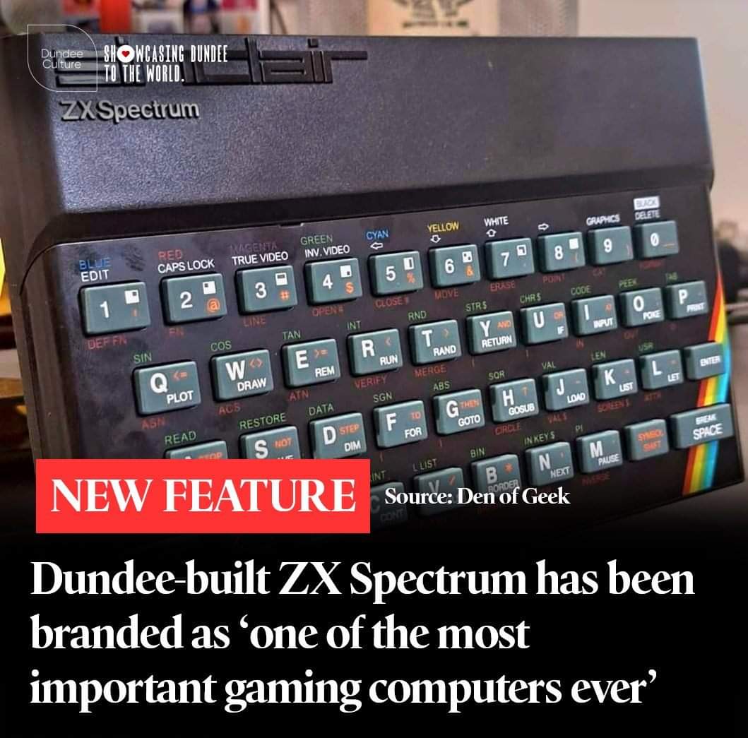 ❤️💛💚💙 The Dundee-built ZX Spectrum has been branded as 'one of the most important gaming computers ever' in a new feature by Den of Geek! As part of the feature, they included some of the best games released. If you had a Spectrum, what was your favourite game? #Dundee