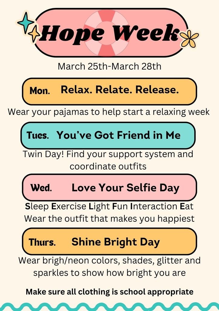 This week is Hope Week. The purpose of Hope Week is to, in an age appropriate way, bring awareness to mental health and suicide prevention. Fun activities will be hosted by the CTMS Hope Squad throughout the week focusing on promoting health, wellness and building connections.