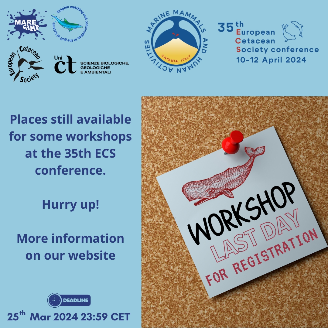 European Cetacean Society (@eurocetsoc) on Twitter photo Places are still available for some workshops at the 35th ECS conference! Don't miss out! Visit our website for more info and to secure your spot. 🚀💼
#ECS #ECSconference2024 #marinemammals #cetaceans #weareECS #CataniaECS202
<a href="/Marecamp_CT/">Marecamp association</a> Places are still available for some workshops at the 35th ECS conference! Don't miss out! Visit our website for more info and to secure your spot. 🚀💼
#ECS #ECSconference2024 #marinemammals #cetaceans #weareECS #CataniaECS202
<a href="/Marecamp_CT/">Marecamp association</a>