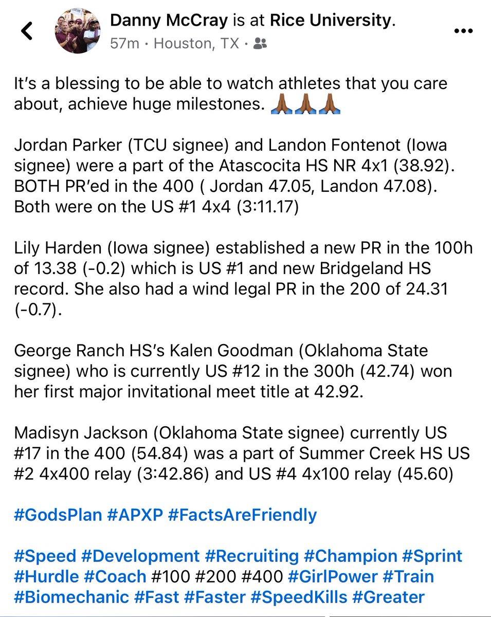 It’s a blessing to be able to watch athletes that you care about, achieve huge milestones. 🙏🏾🙏🏾🙏🏾

NR 4x1, US #1 in 4x1, 4x4, 100h. Top 5 US in 4x1, 4x4. Top 12 in 300h

#GodsPlan #APXP #FactsAreFriendly
