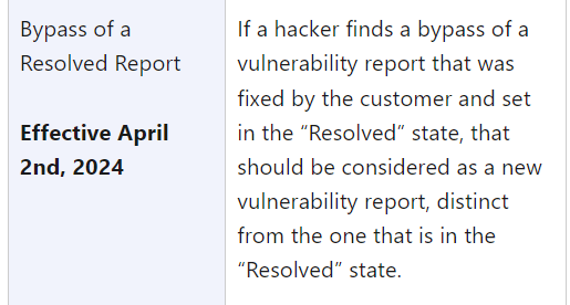 New hackerone platform standards coming 2nd april:  

1. IDORs with unpredicable IDs 
2. Systemic Issues 
3. Leaked credentials 
4. Bypassing resolved reports

Full info: docs.hackerone.com/en/articles/83…