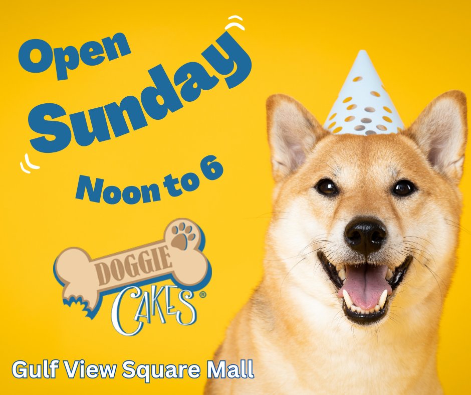 DoggieCakes's tweet photo. Besides our store still being dog-friendly, you know what's great about being at @GulfViewSqMall ? We're open Sundays. So every day can be a @DoggieCakes  day for you and your fur family. Monday – Saturday: 11 a.m. – 8 p.m. Sunday: Noon – 6 p.m. https://t.co/M2zJdU7ZGP