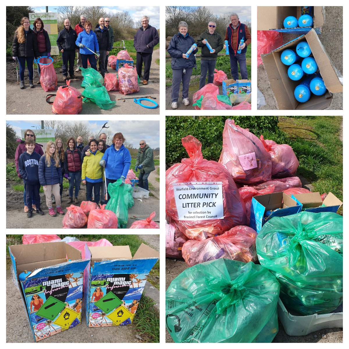 Party at Larks Hill? 🙄 Car park cleared of nitrous oxide canisters then our #LitterHeroes collected 14 sacks of rubbish and a crate of glass from the surrounding area. Thanks to them and to the regular #LitterHeroes who keep #Warfield clean 🚯💚
<a href="/KeepBritainTidy/">Keep Britain Tidy</a> #GBSpringClean