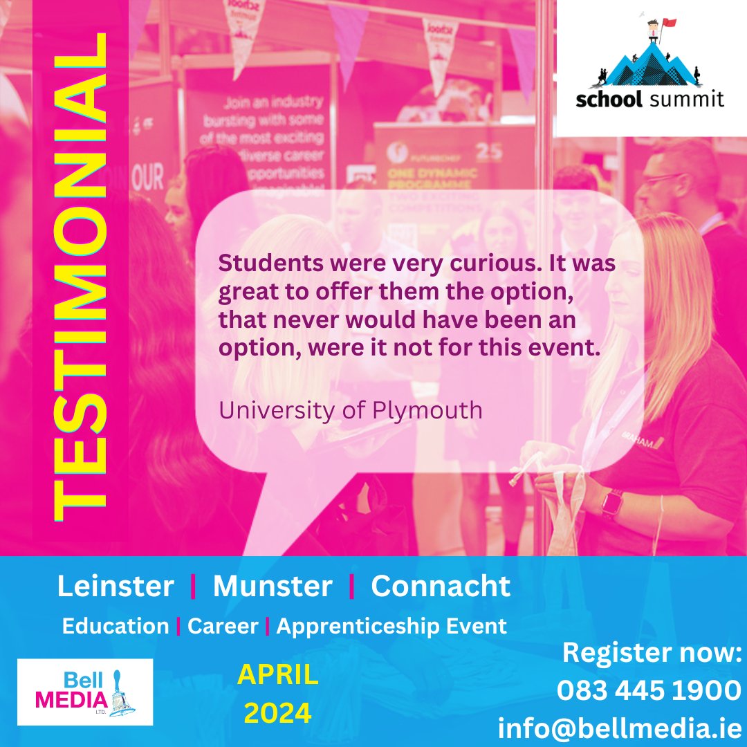 👇 @PlymUni Register now to attend: schoolsummit.ie/contacts/ 10:30am - 2pm on the following dates: 10th & 11th April @ SETU Arena, Munster 16th & 17th April @ Leisureland, Galway 23rd & 24th April @ Sport Ireland Campus, Dublin #schoolsummit #universityofplymouth