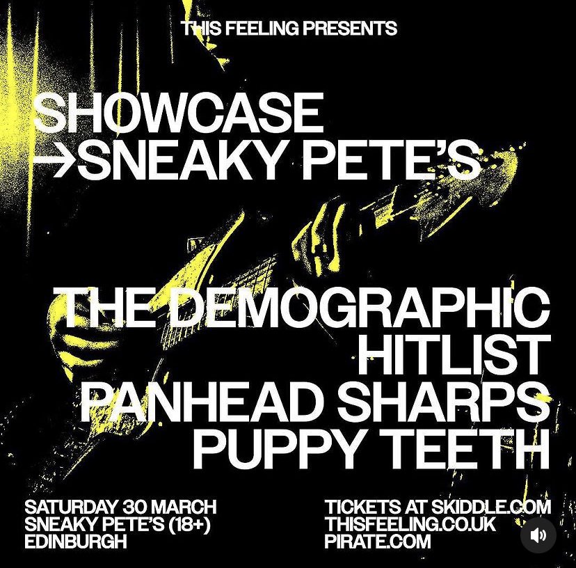 Less than a week to go til we play @sneakypetesclub as part of @This_Feeling showcase along side @TheDemographics @PuppyTeethBand and @Hitlistaberdeen 

Tickets have been shifting fast!
Get yours here 

skiddle.com/whats-on/Edinb…

#sneakypetes #Thisfeeling #scottishbands #newmusic