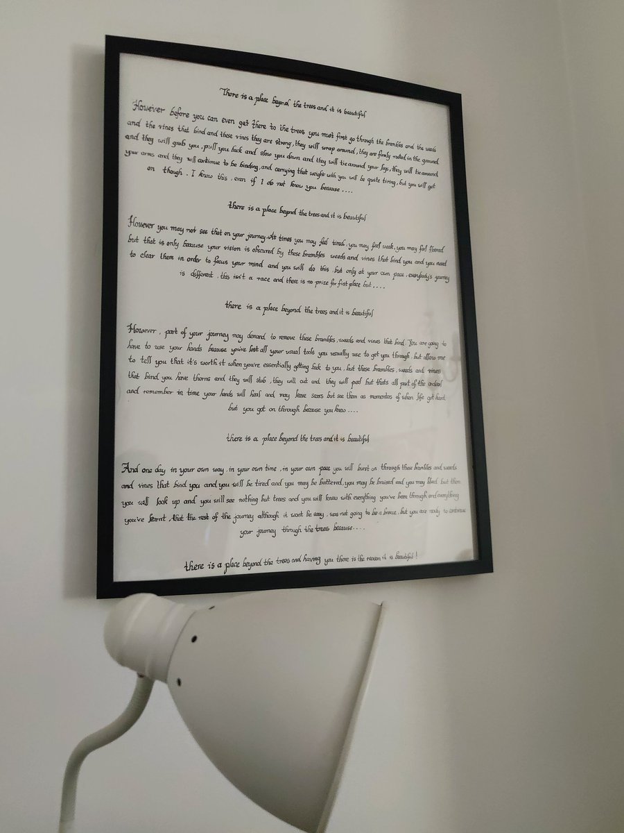 Seeing my parents for the evening while home in Blackpool to find my mum has had my piece 'There is a place beyond the trees' written up in script and framed on the wall. That's how you know you've made it lads