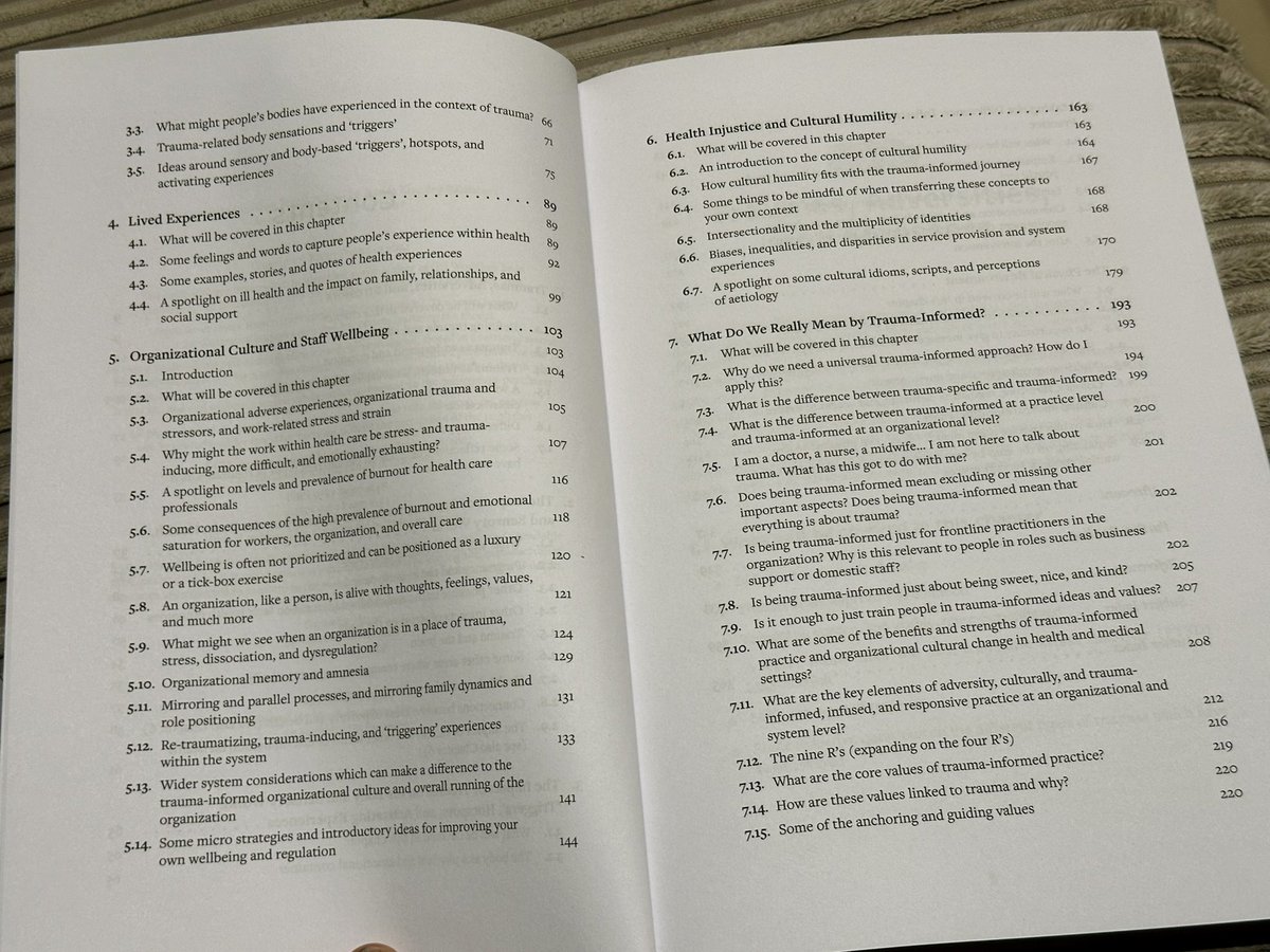dr_treisman's tweet photo. Contents pages from new trauma informed healthcare book. A little flavour  of what’s inside https://t.co/FBorbfV2qF