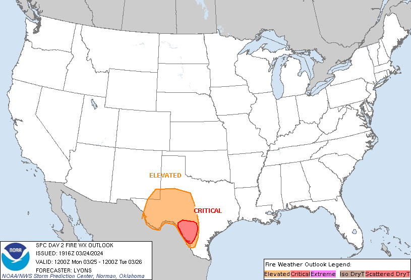 LimWeather's tweet photo. D2 #SPC #FireWX outlook
#Critical #Fire Risk in SW #Texas state esp #Hondo, #Uvalde, #EaglePass, #DelRio cities
#Wxtwitter #TXwx #STXwx https://t.co/ZRhA9Kvz7c