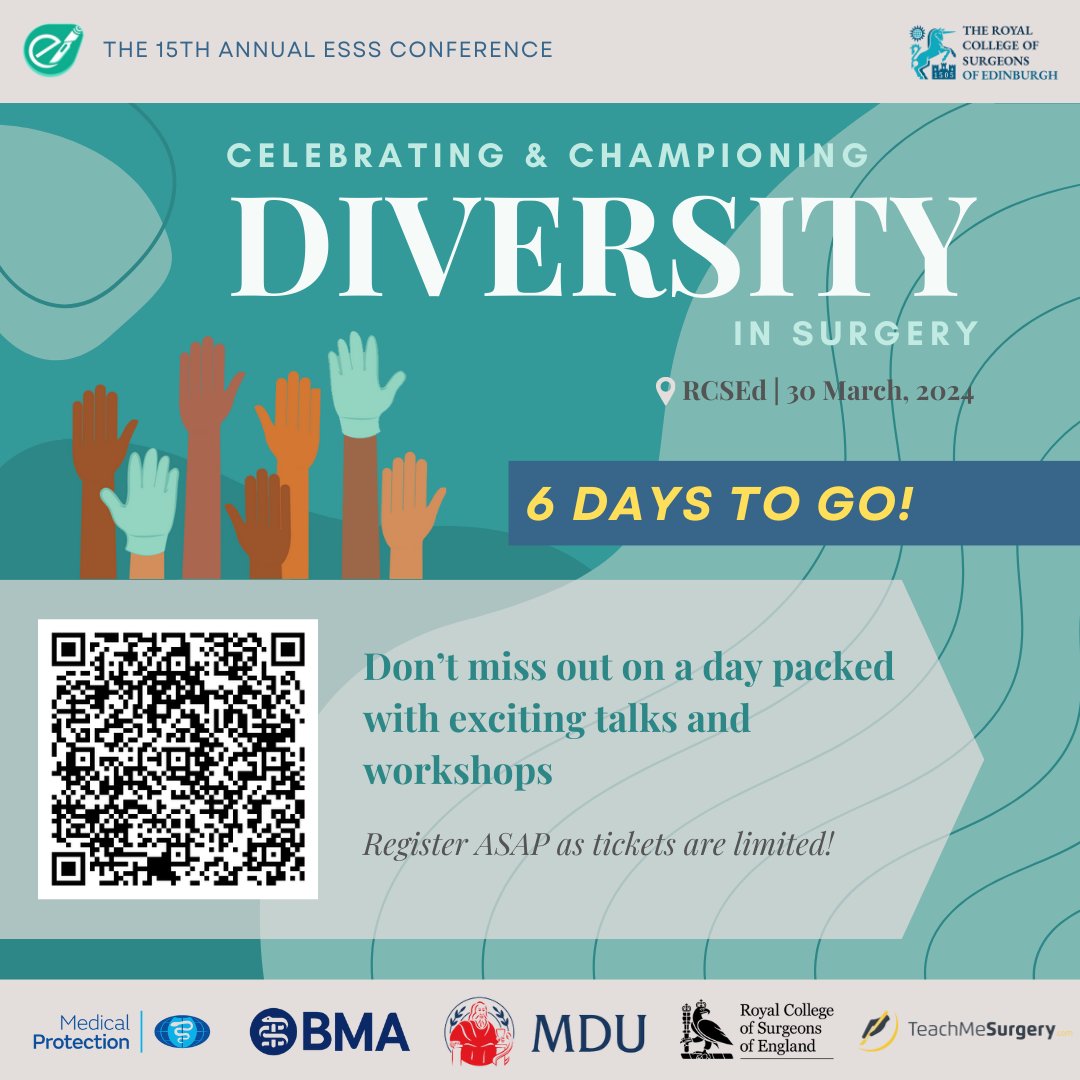 🎉 6 days to go till our conference 🗓️ We look forward to welcoming you all at the ESSS 15th Annual Undergraduate Surgery and Trauma Conference next Saturday, March 30th, RCSEd 🎟️ Get your tickets here: share.medall.org/events/esss-15… #ESSS2024