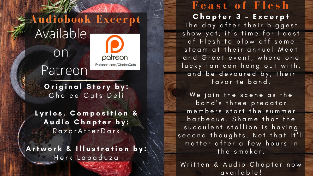 cuts_deli's tweet photo. Check out the Feast of Flesh Chapter 3 audiobook excerpt, narrated by the wonderful @thatthirstywolf at: https://t.co/Bs8CIDwweg

Hungry for more? Just $5/month gets you both the written and audiobook chapters as they're released! https://t.co/YrpS5KooJt