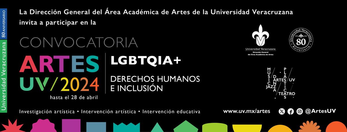 Convocatoria #ARTESUV2024 Programa de Reconocimiento a Proyectos Artísticos de Estudiantes Artes UV 2024 con el tema: LGBTQIA+ DERECHOS HUMANOS E INCLUSIÓN, abierta hasta el 28 de abril de 2024. Descarga la convocatoria en: uv.mx/.../03/artes_u…