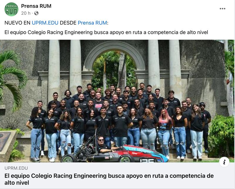 FSAE_UPRM's tweet photo. Colegio Racing Engineering agradece a @PrensaRUM @uprm  por la oportunidad de exponernos y presentar nuestro equipo. Es de nuestro orgullo compartir espacio junto a los entes exitosos de nuestra universidad. 

🔷Visita la reseña en:https://t.co/GVEwKTVr7L https://t.co/pAUpYZrjp2