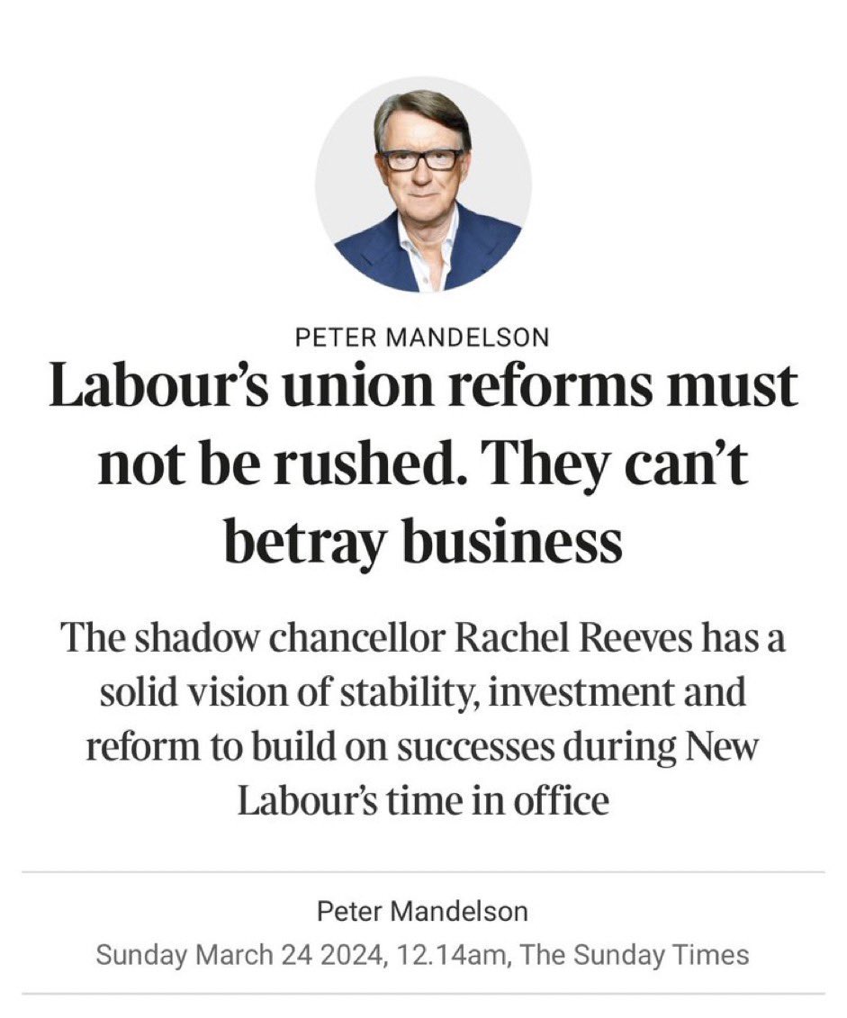 Never forget that Lord Peter Mandelson is Chairman of Global Counsel a Corporate Lobbying firm with clients that include the union busting Centrica. 

This guy should be nowhere near Labour Party Policy making on Workers Rights or repealing Anti-Trade Union Laws. 

Nowhere near