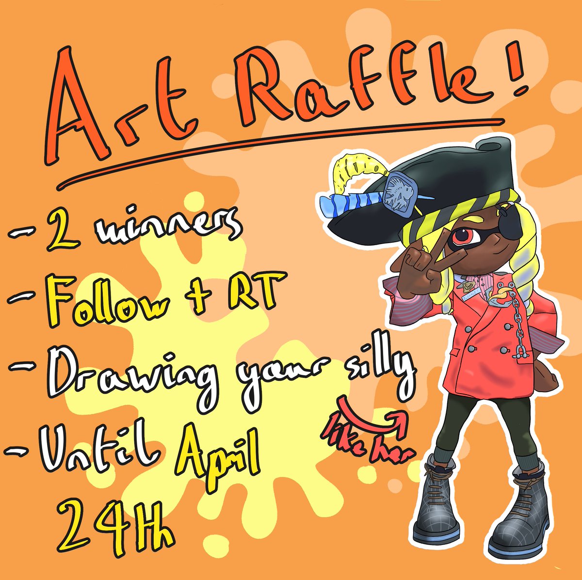 🎨ART RAFFLE TIME! 

- 2 winners
- Follow + RT to enter
- Drawing your favorite silly, whenever it is OC or existing, Splatoon only, example provided
- Fully shaded full body render
- Raffle ends on April 24th

Good luck everyone!