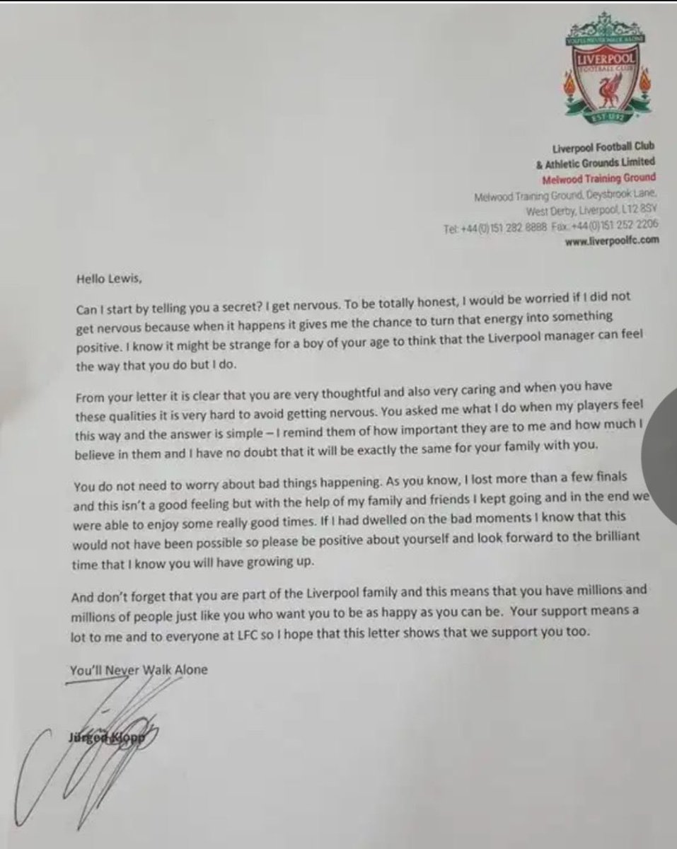 A letter from Jurgen Klopp to a boy experiencing anxiety: 1 Klopp VALIDATED the boy's experience 2 He NORMALISED it by SHARING his experiences with anxiety 3 He RE-FRAMED it into something positive 4 He said the boy IS NOT ALONE & is part of a FAMILY Klopp the psychiatrist
