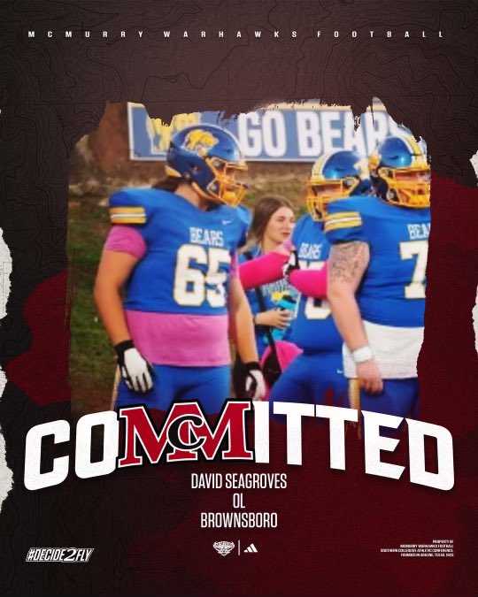 After a great conversation with Coach Newby and a lot of consideration I am glad to announce my commitment to <a href="/McMURRYFOOTBALL/">McMURRY FOOTBALL</a> 
 <a href="/BearRecruits22/">Bear Nation</a> <a href="/LanceConnot/">Lance Connot</a> <a href="/DanielScott_OL/">Daniel Scott</a> <a href="/CoachBurney1/">Hayes Burney</a>