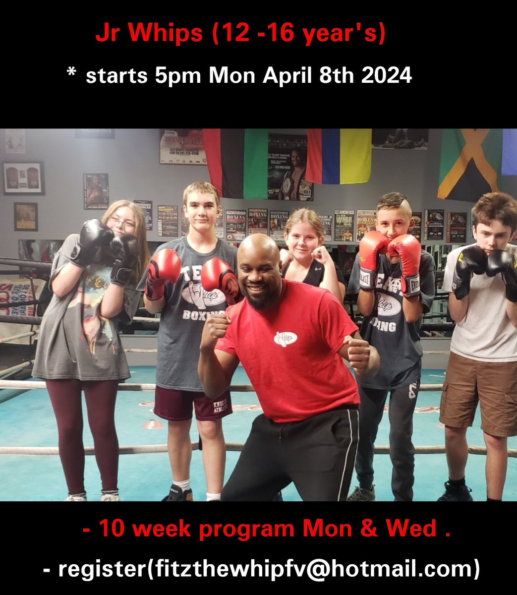 Next Jr Whips (12 - 16 year's) starts Mon April 8th 2024 . Classes Mon & Wed 5pm Contact(fitzthewhipfv@hotmail.com) #inspiringhope #confidence