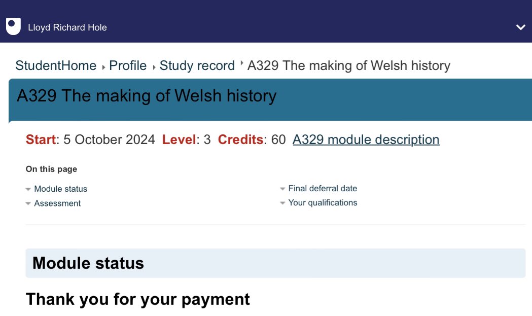 So that’s me all registered and paid for the penultimate module of my degree with the <a href="/OpenUniversity/">The Open University</a> - A329: The Making of Welsh History! 🏴󠁧󠁢󠁷󠁬󠁳󠁿☺️🏴󠁧󠁢󠁷󠁬󠁳󠁿

Actually a little excited the get to do a little bit of research &amp; a cheeky dissertation…. Yes, I’m an odd ball. I know 😂🤷🏻😂