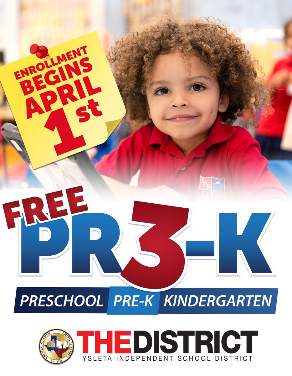 YsletaISD's tweet photo. Is your little one ready to start preschool or FREE full-day pre-K at #THEDISTRICT this fall? Great news: Online enrollment kicks off MONDAY, APRIL 1! Don't wait to register your child at El Paso’s #1 district – space is limited! Click link for info: https://t.co/UG1sUzBkEG 👦👧 https://t.co/FPR2VF9akK