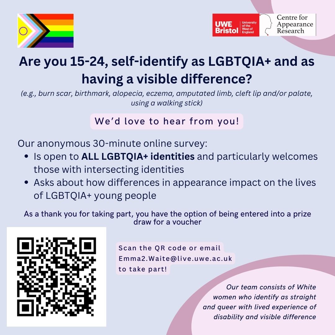 Join @car_uwe's survey on LGBTQIA+ youth with visible differences! Ages 15-24, LGBTQIA+ with a visible difference, inc #ichthyosis, share your thoughts in a 20-30 min survey. Chance to win £25 voucher! Scan QR code or click: go.uwe.ac.uk/LGBTQIAVisible… 🌈 #LGBTQIA #survey