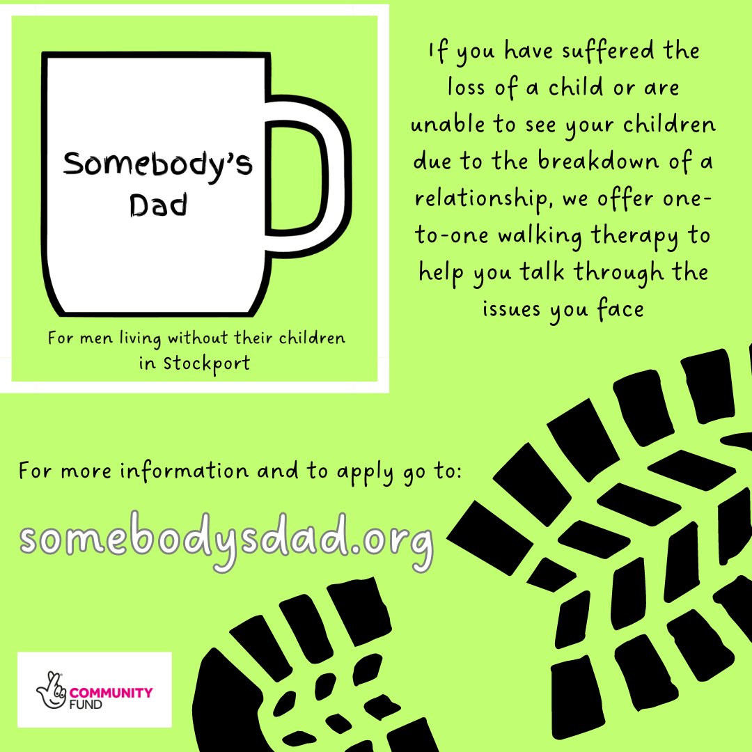 At Somebody's Dad we offer free outdoor counselling sessions to men living without their children in Stockport. Walk and Talk therapy gives you the opportunity to discuss what you're going through in the freedom of the open air.

#stockport #somebodysdad #mentalhealth #childloss