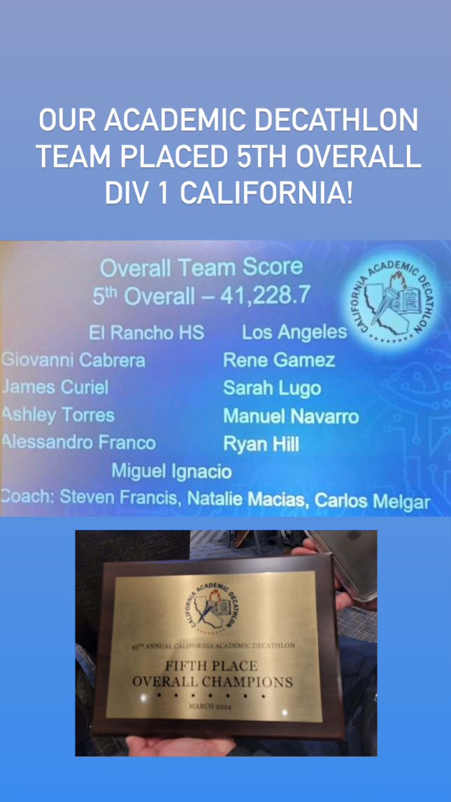 Congratulations to my niece Sarah Lugo for representing El Rancho High School in receiving Silver overall and to the entire team for placing 5th in the Academic Decathlon State competition.  Way to go Dons!!!💙