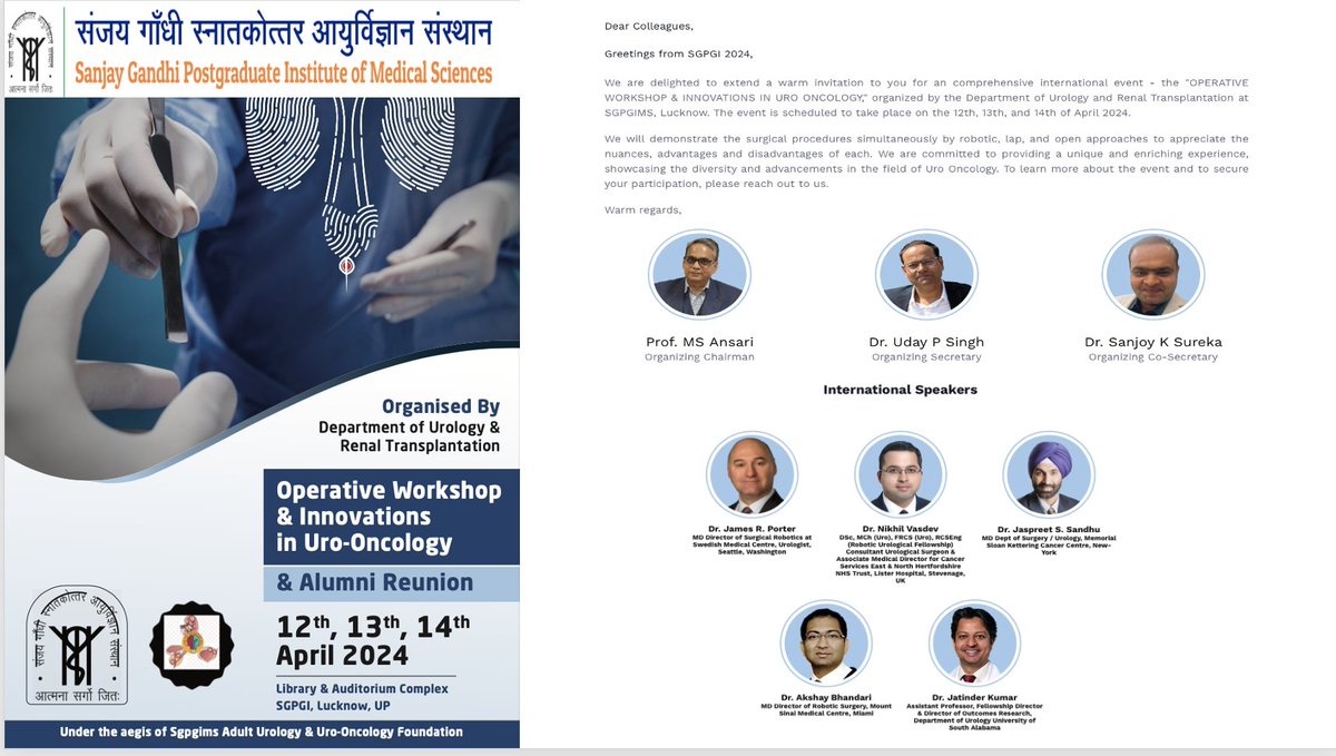 Operative Robotic Workshop and Innovations in Uro Oncology  <a href="/SGPGI/">SGPGI</a> Lucknow 🇮🇳 (12-14/April/2024)

urology-sgpgims.com

<a href="/MBhandariUrol/">Mahendra bhandari</a> <a href="/AkshayB_MD/">Akshay Bhandari</a> <a href="/JamesPorterMD/">James Porter</a> <a href="/usioffice/">Urological Society of India 🇮🇳</a>