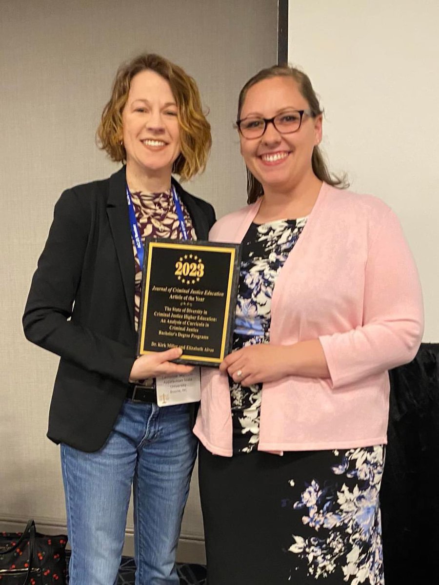 The JCJE Editorial Board was honored to present Dr. Kirk Miller and Elizabeth Alves with their 2023 Article of the Year Award for their piece, “The State of Diversity in Criminal Justice Higher Education: An Analysis of Curricula in Criminal Justice Bachelor’s Degree Programs.”