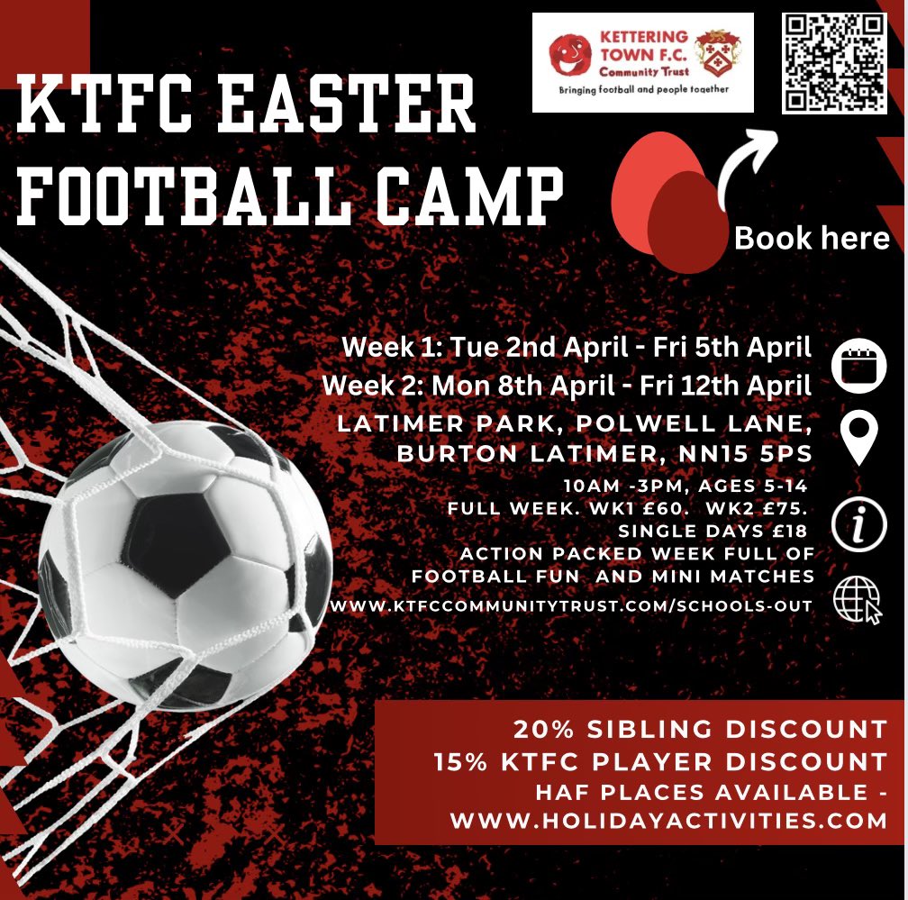 Excited to announce - Kettering Town FC’s Easter Holiday Camps are nearly upon us 🐣🪺  HAF places also available 😊
Book now, to give your child the ultimate fun &amp; friendly football experience, with our fully qualified FA coaches 🔴⚫️⚽️

ktfccommunitytrust.com/easter
