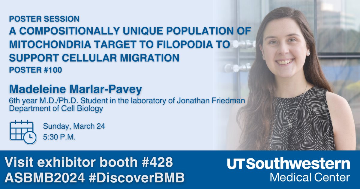 Visit poster #100 with @madeleinemarlar to hear the latest @UTSWNews research on cellular migration. #DiscoverBMB