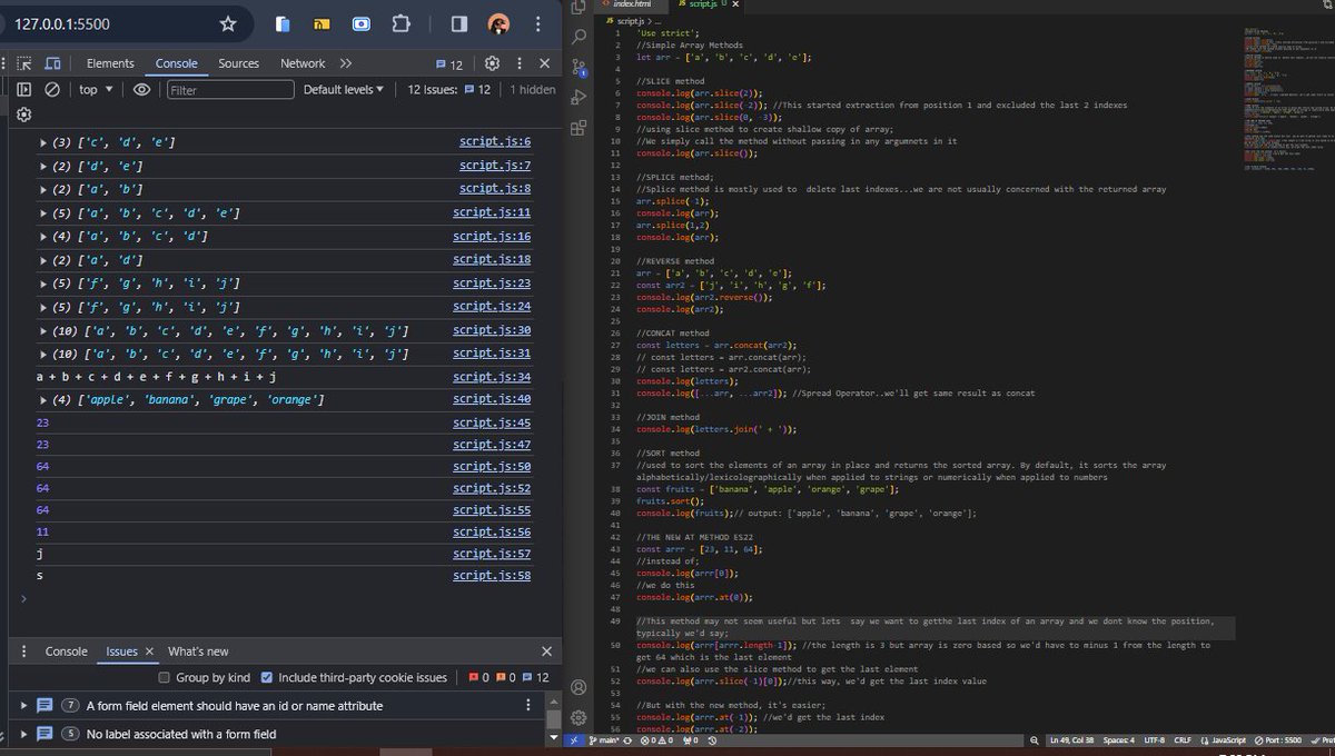 thecodegirlie_'s tweet photo. 🚀Day 14 of 100🚀
Explored JavaScript arrays today: 'slice', 'reverse', 'concat', 'join', 'sort', 'splice'. But the highlight? ES22's 'at' method for easy indexing! No more hunting for elements – it's a game-changer!💻✨
#100DaysOfCode #JavaScript #ES22 #CodingJourney https://t.co/rx7oaiPiOG
