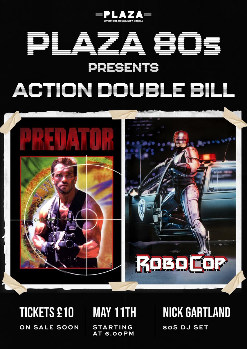We are very excited to announce the next Plaza 80s, which sees two heavyweight sci-fi action films in a special Plaza 80s Action Double Bill, Predator and RoboCop on Saturday 11th May. Tickets are only £10 on sale tomorrow - Mon 25th March at 6pm from the Box Office (Cash Only)