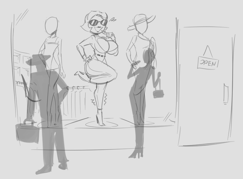 'Corporate spy turned bimbo doll' concept sketches kinda busy with stuff right now but might do more sunny doodles later idk