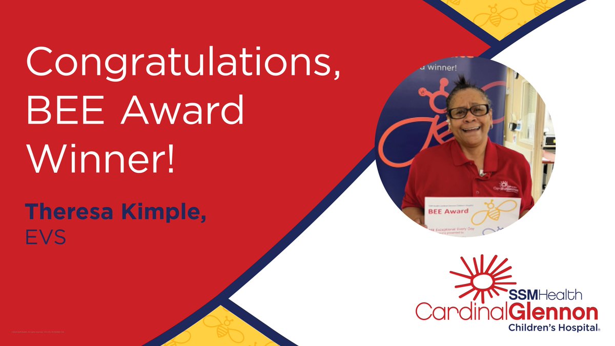 Congratulations to Theresa Kimple, EVS, on being named the February BEE Award winner for SSM Health Cardinal Glennon Children’s Hospital. Thank you, Theresa, for demonstrating the power of presence and putting the SSM Health Mission into motion! #BEEAward 🐝