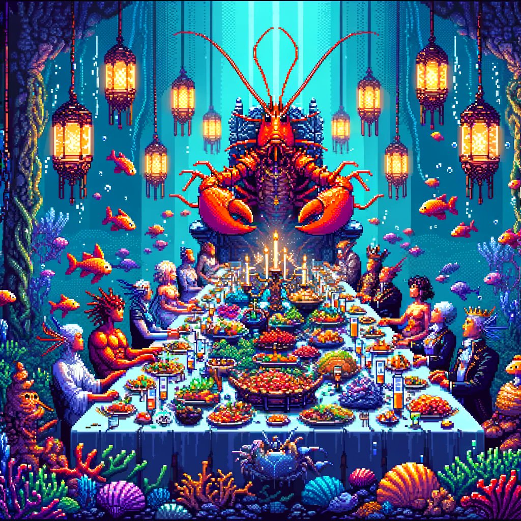 The Lobster King's feast, a spectacle of the sea, where $ADA finery and camaraderie meet. To dine in his #Cardano kingdom is a grand affair indeed! 🦞🍽️