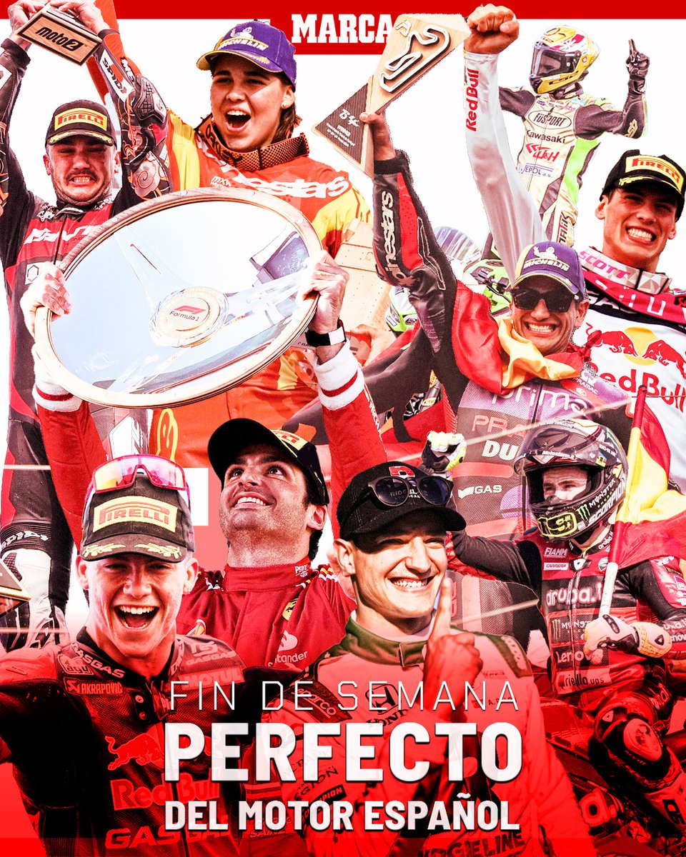 marca's tweet photo. ❤️💛 Lo de este domingo en el motor español es... 😍😍

⭐ @Carlossainz55 #F1
⭐ @88jorgemartin #MotoGP 
⭐ Arón Canet #Moto2 
⭐ Dani Holgado #Moto3
⭐ @19Bautista WSBK
⭐ @AlexPalou #IndyCar
⭐ @jorgeprado61 MXGP
⭐ Daniela Guillén WMX
⭐ @inigoiglesias58 Supersport 300 https://t.co/ySWzQ3h8aA