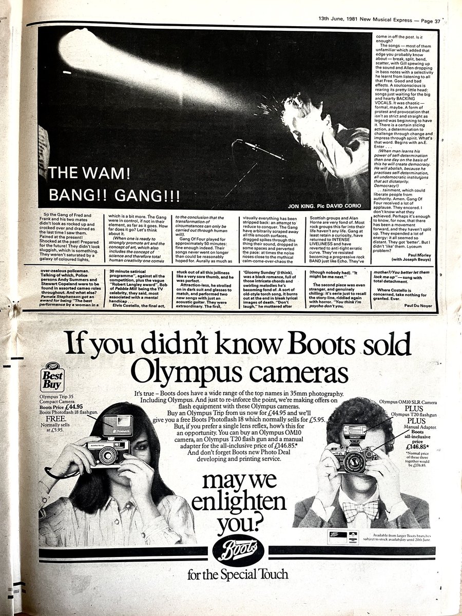 Josef K, Bill Nelson, Flock Of Seagulls, Gang Of Four, Ornette Coleman. Elvis Costello, Ian Dury, Alexei Sayle, more, at a benefit. Live reviews - Gavin Martin, Graham Lock, Paul Morley, Paul Du Noyer. Pics, David Corio. New Musical Express, 13 June 1981. @paulhaig @REALSEAGULLS