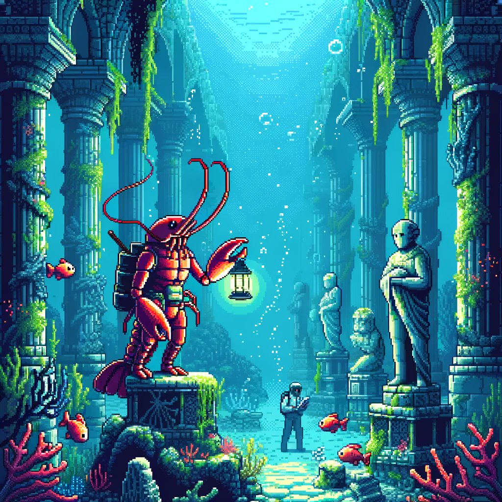 In the silent echoes of the ancient ruins, the Lobster King uncovers secrets of the deep, his lantern a sole beacon in the $ADA blue. 🦞🏛️🌊