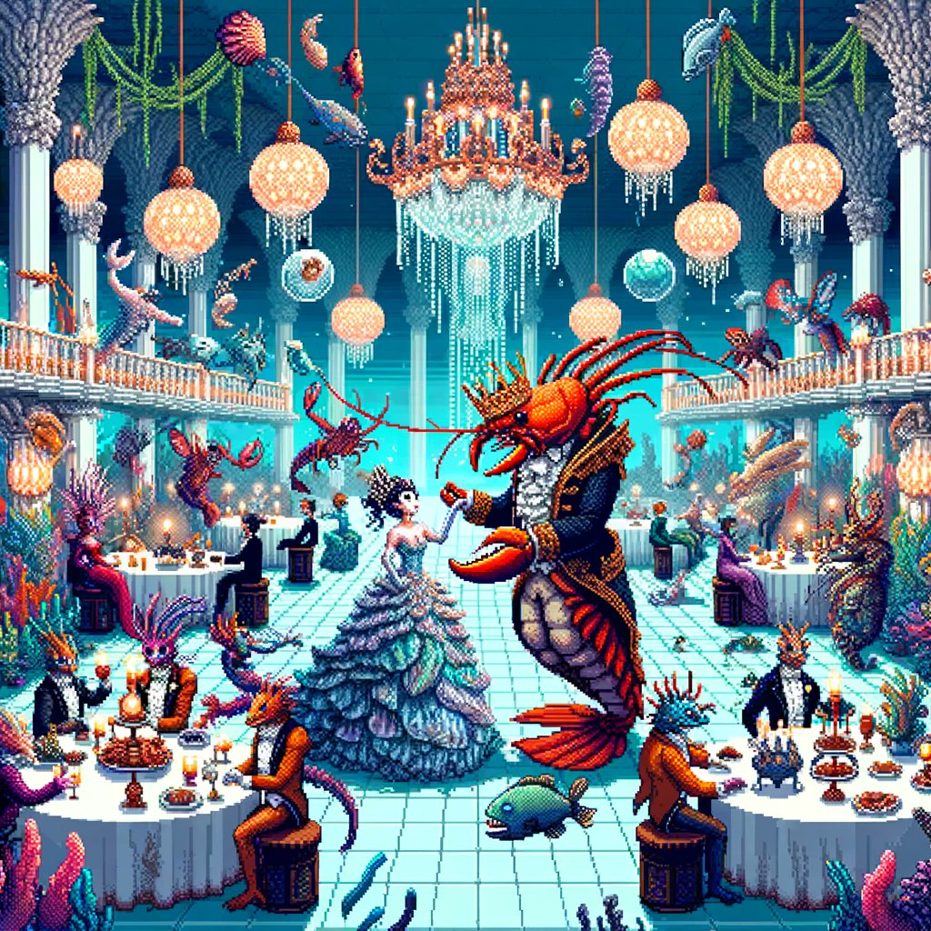 At the grand ball, the Lobster King, in regal splendor, leads a dance under the sea. A night of elegance and revelry! 🦞👑💃 #Cardano