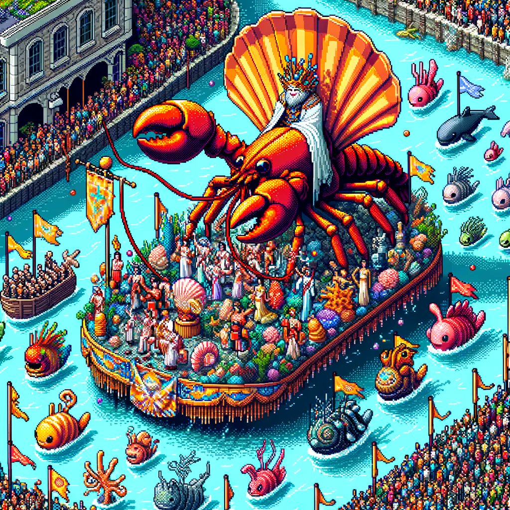 The Lobster King presides over a jubilant parade, marking the #Cardano anniversary of his underwater realm. To joyous fanfares and sea sprites' cheer! 🦞🎉
