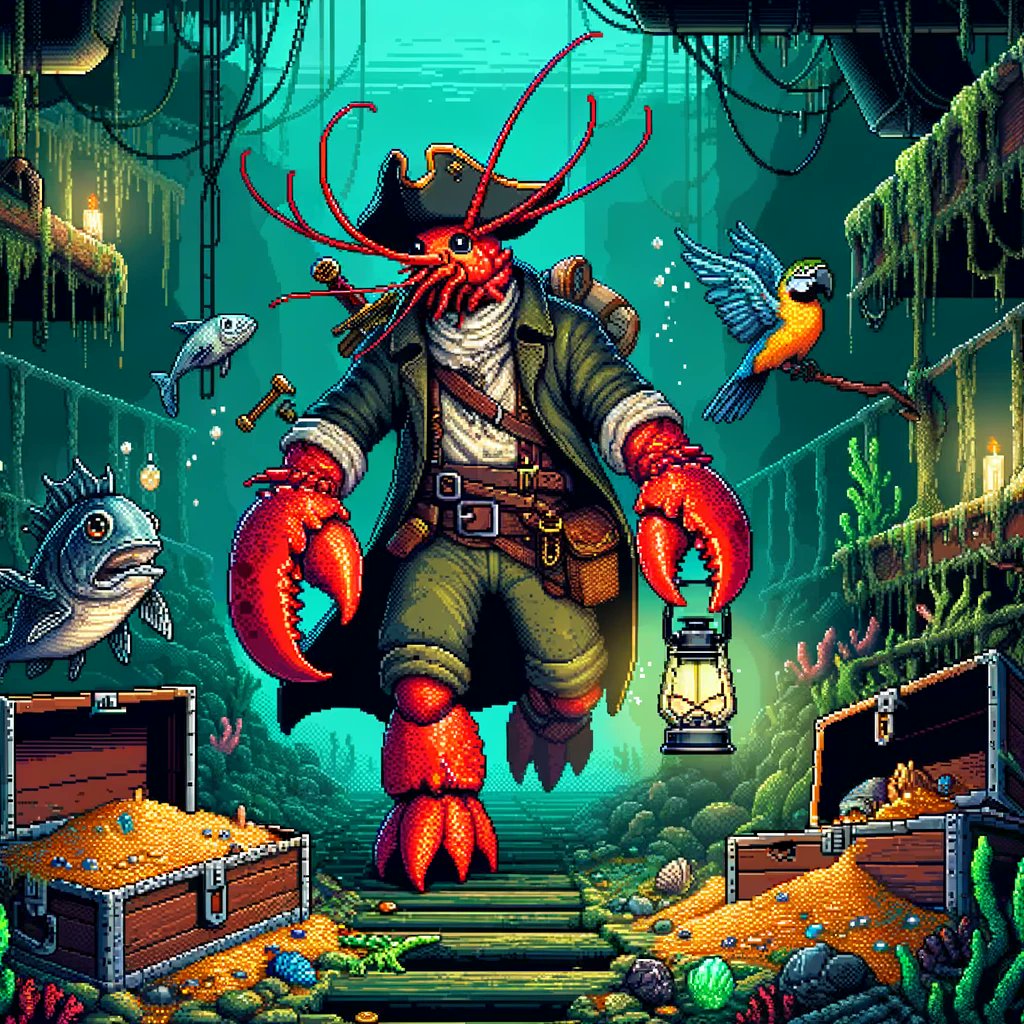 The Lobster King, an intrepid explorer of the deep, seeks out sunken riches in a treasure sweep. Adventure lights the way! 🦞💡🗝️ $ADA