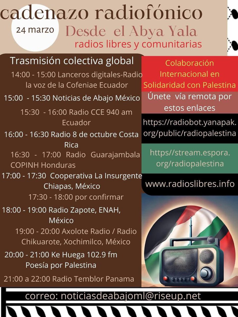 Empezamos con en el 7mo Cadenazo radiofónico de medios libres contra el genocidio en #Palestina 

Síguenos en vivo 👉 radiobot.yanapak.org/public/radiopa…

<a href="/CadenazoRRLL/">Cadenazo Radios Libres</a> @HoyPalestina