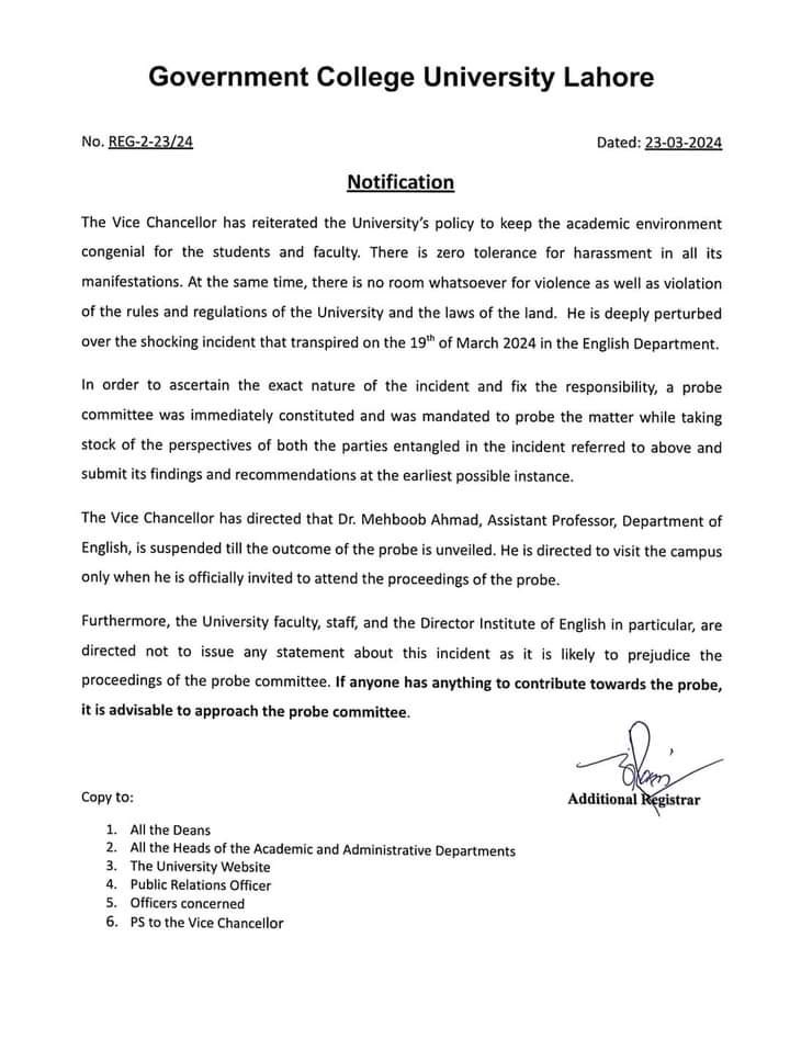 If you have ever been a student of Mahboob Ahmad and have faced any form of inappropriate behavior, your testimony is crucial. Please come forward and email your experiences to the Vice Chancellor of GCU by tomorrow! 1/2 #gculahore #mahboob #harrassmentprevention