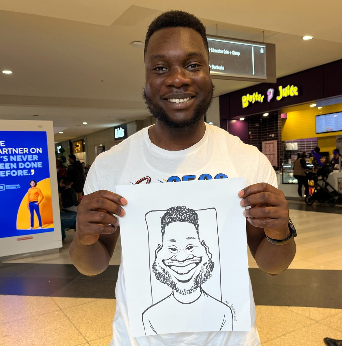 Had a great time doing caricatures at ⁦@Official_WEM⁩ yesterday! Here are some of the smiles I got to draw. I’ll be back this coming Thurs. & Sat., 1 - 4 pm by the Lego Store. #Yeg #caricature #art #YegEvents #YegArtists