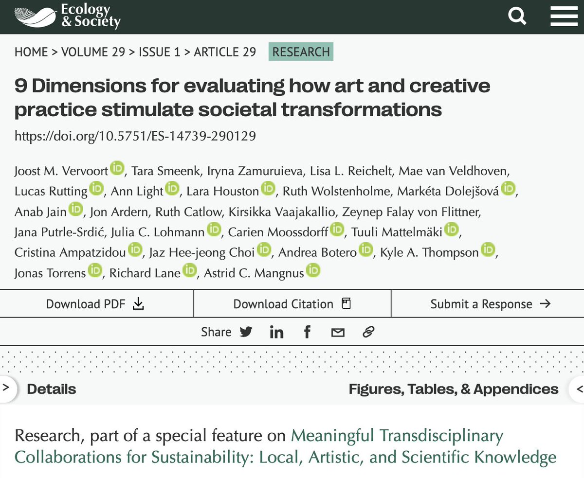 Creaturely harvesting: Vervoort, J. M. et al. (2024). 9 Dimensions for evaluating how art and creative practice stimulate societal transformations. Ecology and Society, 29(1). doi.org/10.5751/ES-147… #openaccess #climatecare #creativepractice #transformations