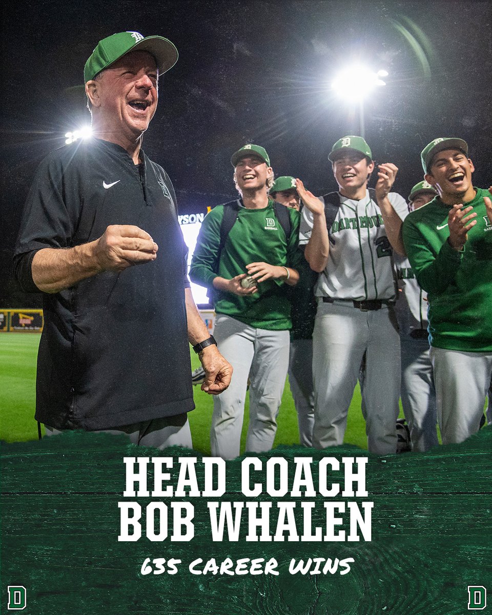 Congratulations to our Head Coach, Bob Whalen, on his 635th career win! Today's victory makes Coach Whalen the winningest baseball coach in the Ivy League at one institution, passing Penn's Bob Seddon. #GoBigGreen