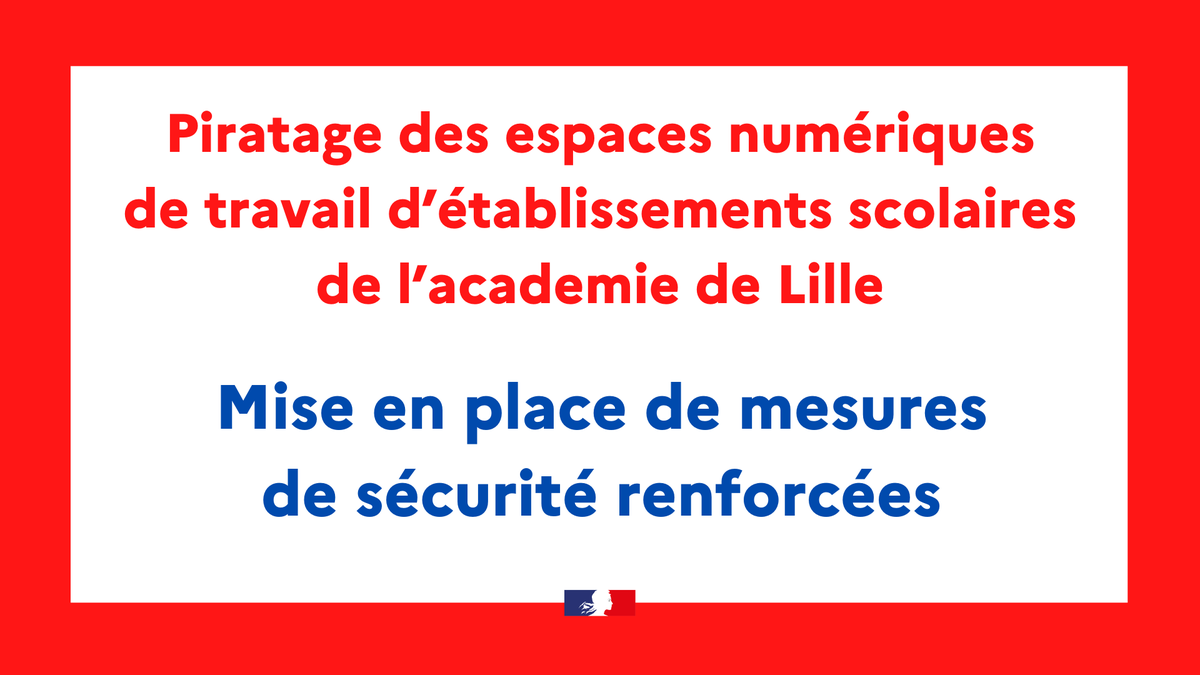prefet59's tweet photo. ⚠️ℹ️ Piratage des espaces numériques de travail (ENT) d'une quinzaine d'établissements scolaires de l'académie de #Lille : ce lundi 25 mars 2024, les établissements seront ouverts et accueilleront les élèves dans des conditions de sécurité renforcées.

Plus d'informations : https://t.co/06qVsti2jD