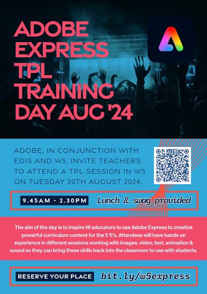 Is it too early to think about next academic year? 🙅Not in my books! If you want a fun day exploring how @AdobeExpress (free via C2k) meets the Digital Skills Framework and 5 ‘E’s, then sign up for 20th August: bit.ly/w5express 🤩 #AdobeEduCreative #AdobeExpress #UICT