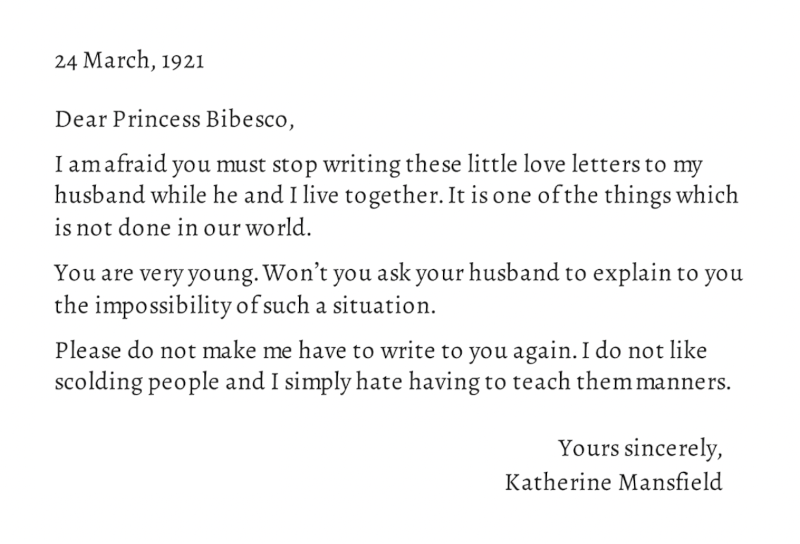 On this day in 1921, Katherine Mansfield wrote to her husband's mistress.